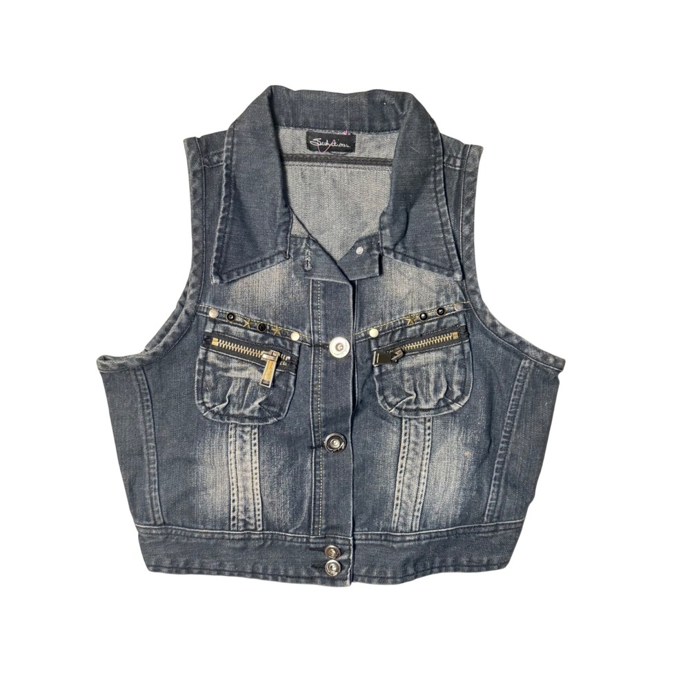 Womens Cropped Denim Vest‎ Dark Wash Studded Star Y2K Sleeveless Jacket